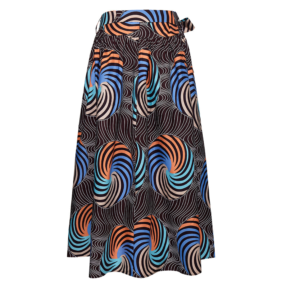 African Wax Fabric Midi Skirt - Art Deco-Inspired Geometric Swirl Boho Skirt