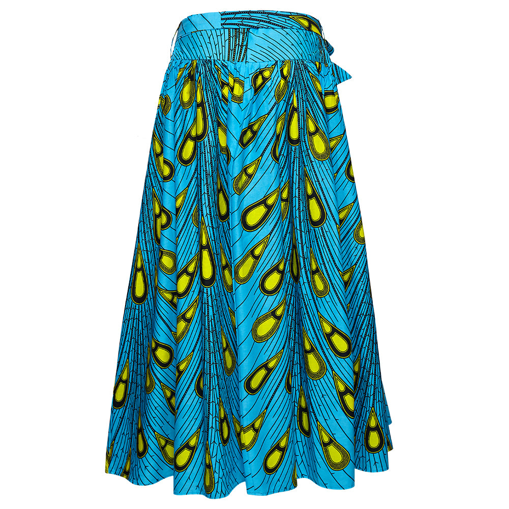 Vibrant Blue African Wax Print Midi Skirt with Geometric Pattern, Tie Waist & Side Pockets - Bohemian Ethnic Style