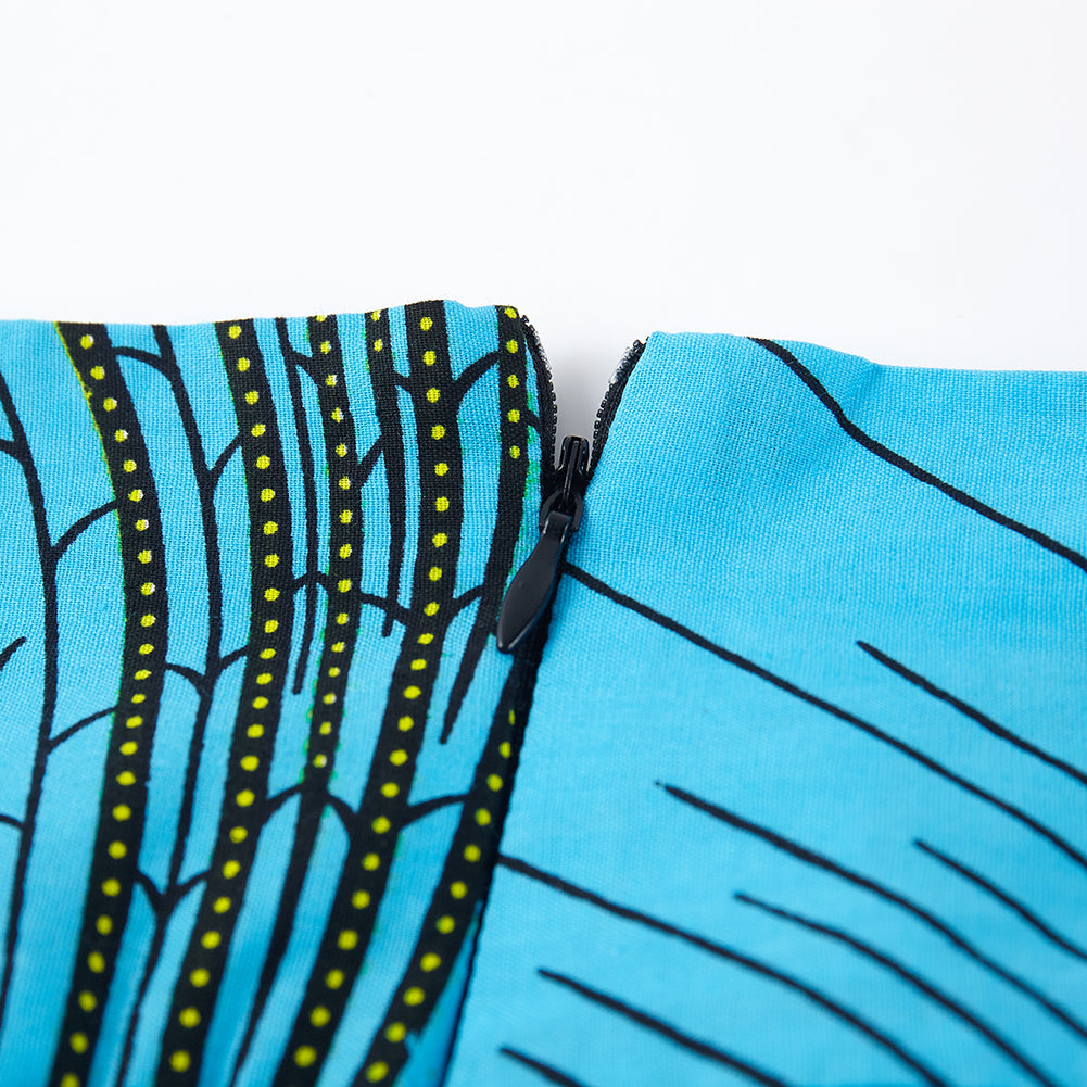 Vibrant Blue African Wax Print Midi Skirt with Geometric Pattern, Tie Waist & Side Pockets - Bohemian Ethnic Style