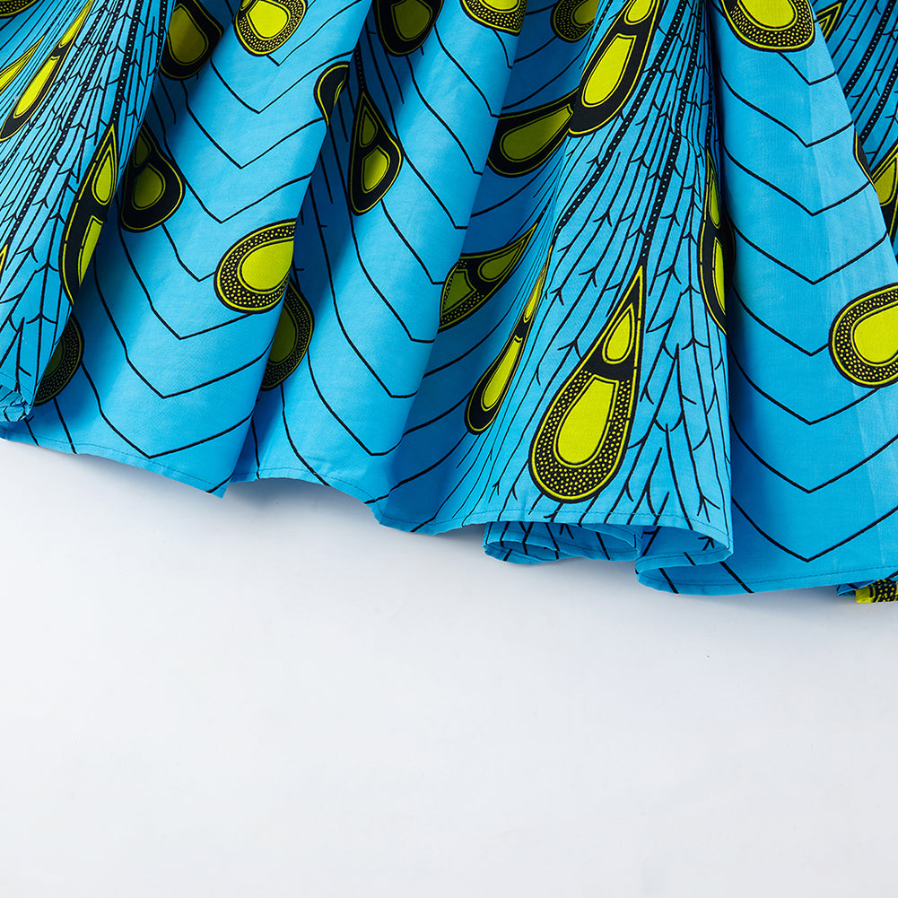 Vibrant Blue African Wax Print Midi Skirt with Geometric Pattern, Tie Waist & Side Pockets - Bohemian Ethnic Style
