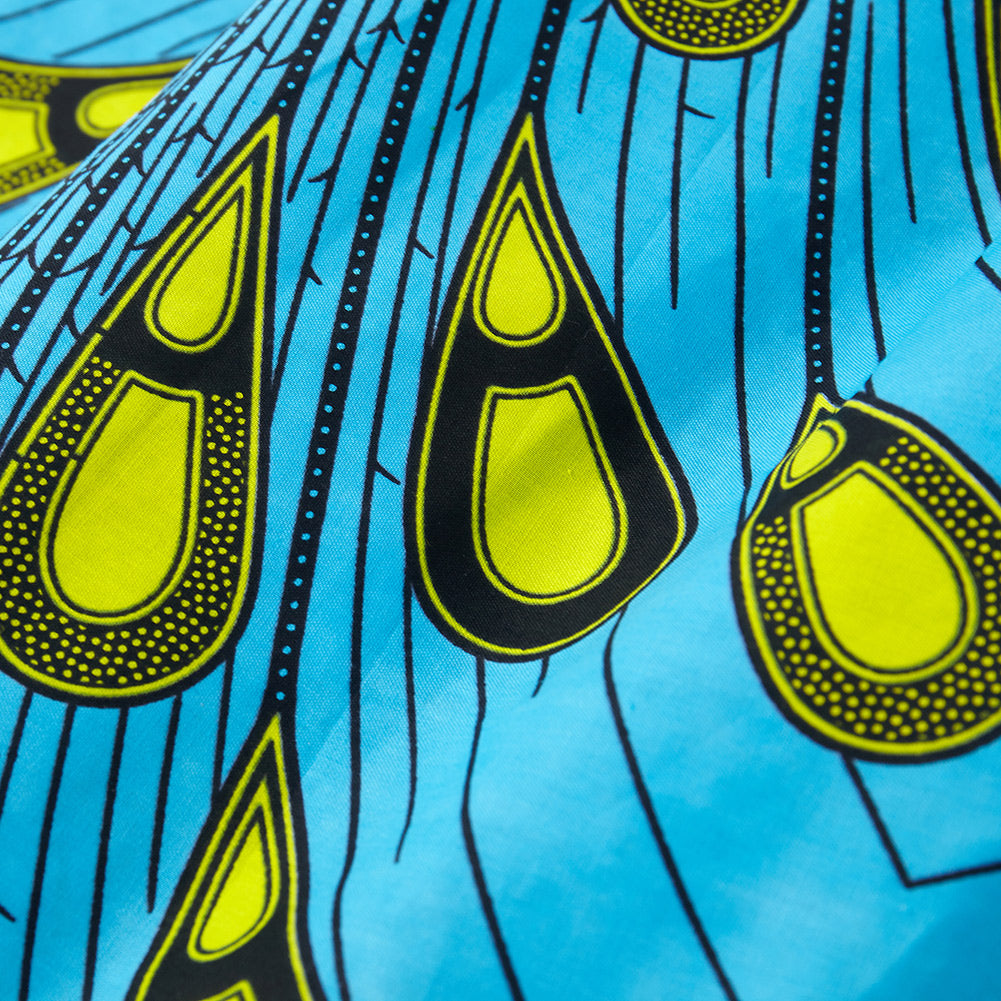 Vibrant Blue African Wax Print Midi Skirt with Geometric Pattern, Tie Waist & Side Pockets - Bohemian Ethnic Style