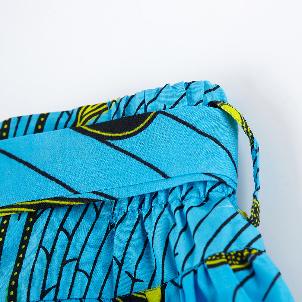 Vibrant Blue African Wax Print Midi Skirt with Geometric Pattern, Tie Waist & Side Pockets - Bohemian Ethnic Style