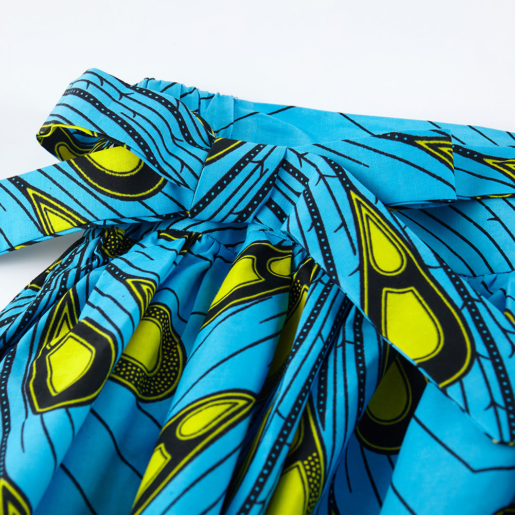 Vibrant Blue African Wax Print Midi Skirt with Geometric Pattern, Tie Waist & Side Pockets - Bohemian Ethnic Style