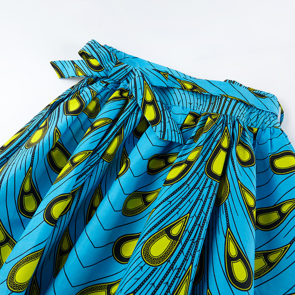 Vibrant Blue African Wax Print Midi Skirt with Geometric Pattern, Tie Waist & Side Pockets - Bohemian Ethnic Style
