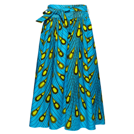 Vibrant Blue African Wax Print Midi Skirt with Geometric Pattern, Tie Waist & Side Pockets - Bohemian Ethnic Style