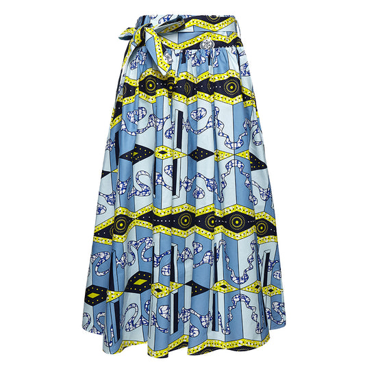 Ethnic African Wax Print Midi Skirt - Blue Geometric Pattern Boho Skirt with Tie Waist