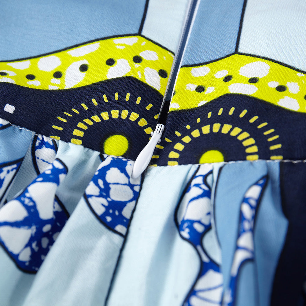 Ethnic African Wax Print Midi Skirt - Blue Geometric Pattern Boho Skirt with Tie Waist