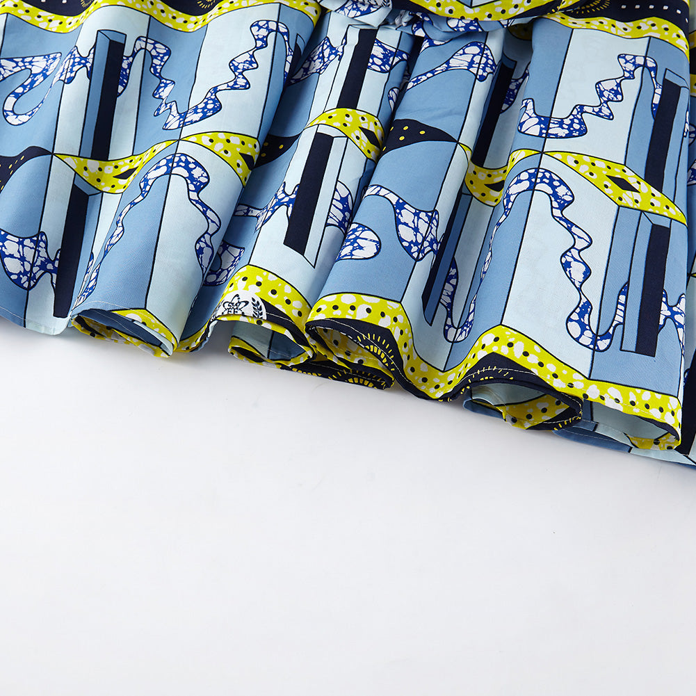 Ethnic African Wax Print Midi Skirt - Blue Geometric Pattern Boho Skirt with Tie Waist