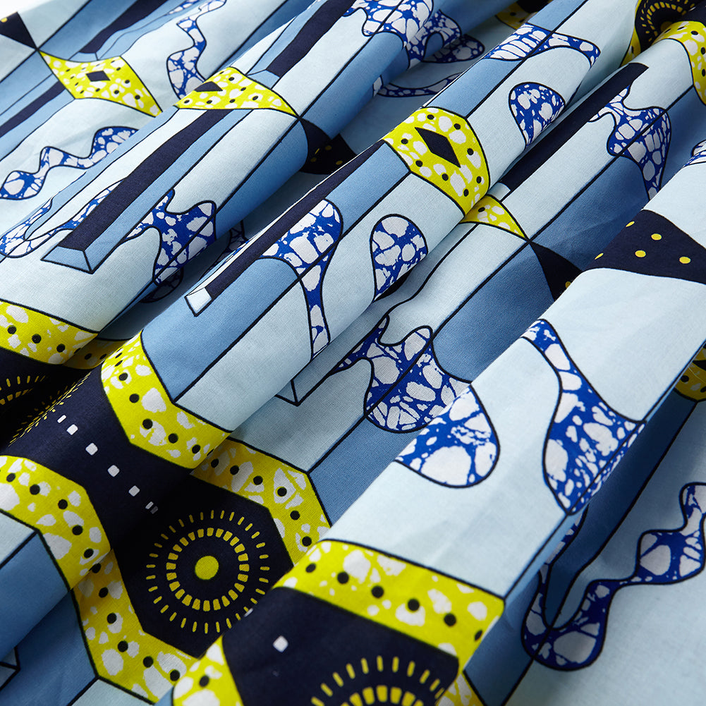 Ethnic African Wax Print Midi Skirt - Blue Geometric Pattern Boho Skirt with Tie Waist