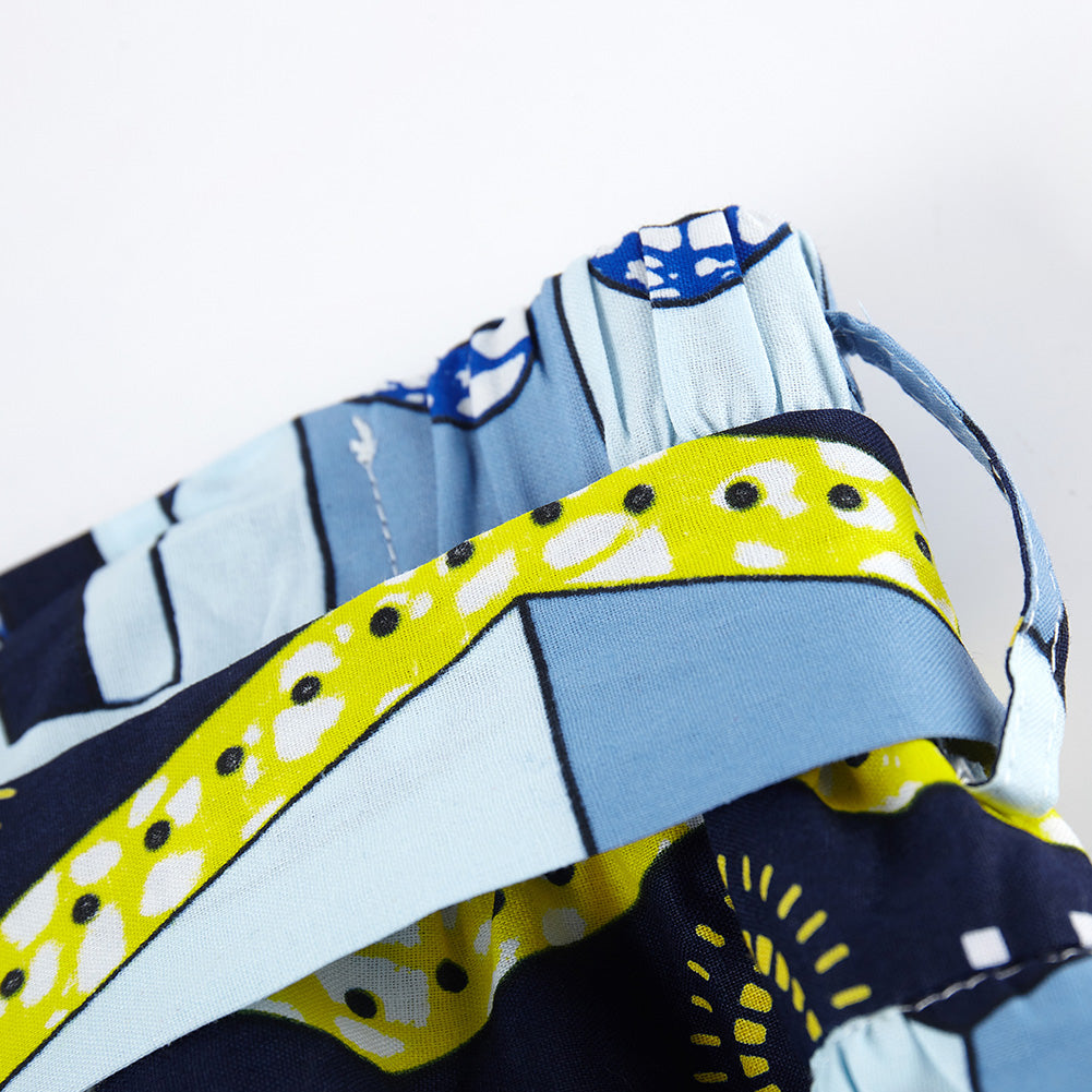 Ethnic African Wax Print Midi Skirt - Blue Geometric Pattern Boho Skirt with Tie Waist