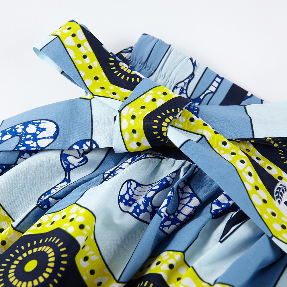 Ethnic African Wax Print Midi Skirt - Blue Geometric Pattern Boho Skirt with Tie Waist