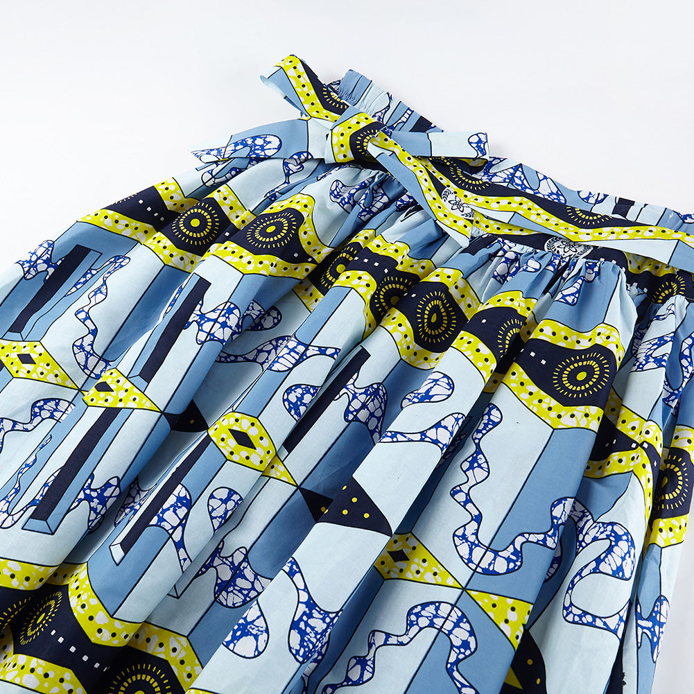 Ethnic African Wax Print Midi Skirt - Blue Geometric Pattern Boho Skirt with Tie Waist