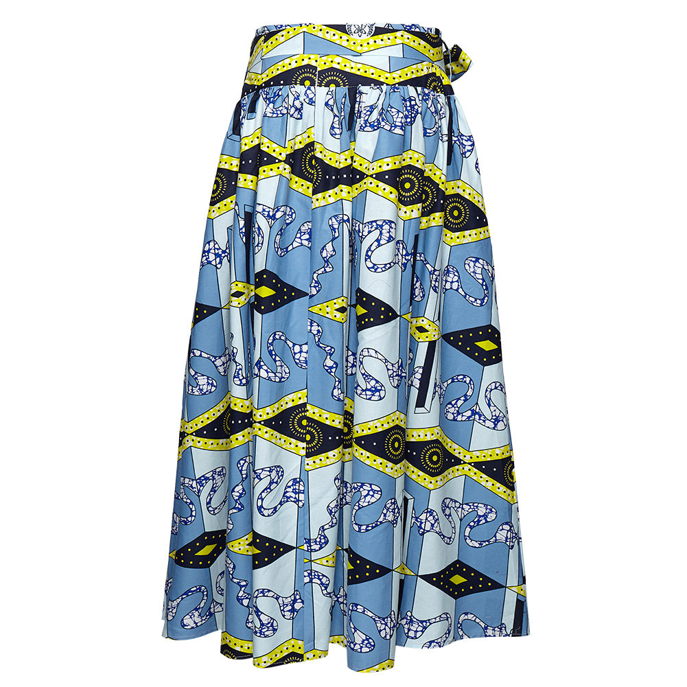Ethnic African Wax Print Midi Skirt - Blue Geometric Pattern Boho Skirt with Tie Waist