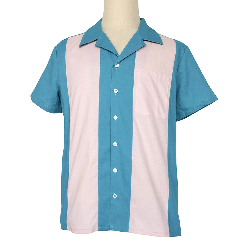 Men's Cuban Collar Short Sleeve Shirt Retro Blue & Pink Casual Button-Down Top with Chest Pocket