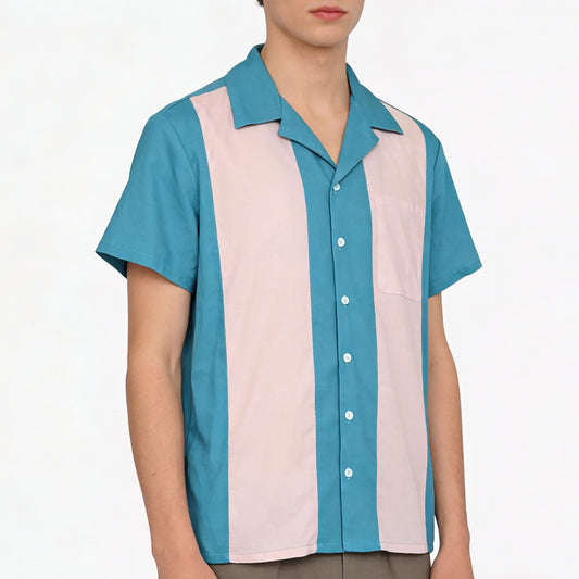 Men's Cuban Collar Short Sleeve Shirt Retro Blue & Pink Casual Button-Down Top with Chest Pocket