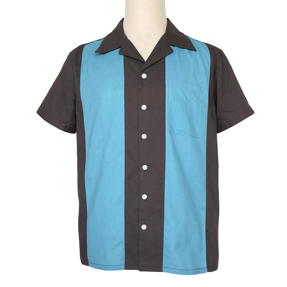 Hot-selling plus-size men's shirt featuring a gray and blue patchwork design, perfect for team uniforms. This European and American retro punk workwear style factory uniform is a must-have.