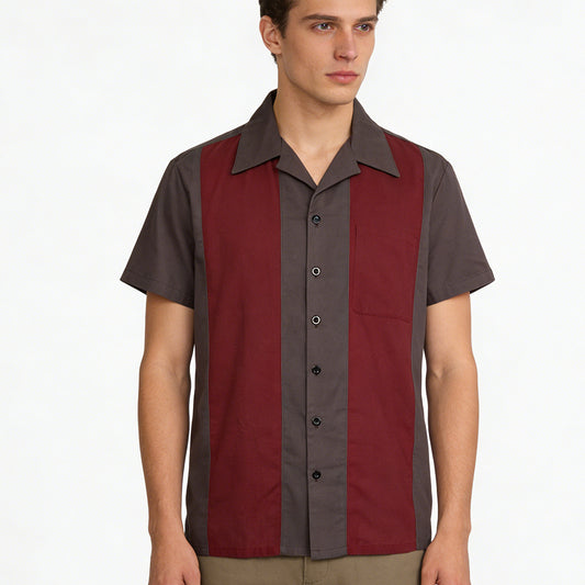 Selling plus size men's shirts, gray, red, brown spliced group clothes, European and American retro punk workwear