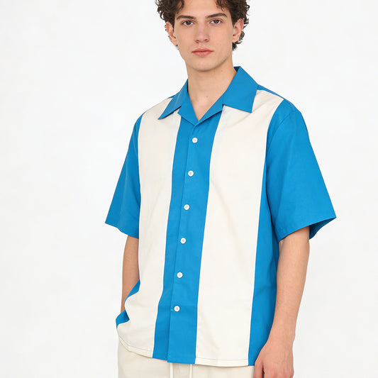 Retro Wide-Striped Men's Cuban Collar Shirt - Short Sleeve Blue & Cream Casual Button-Up