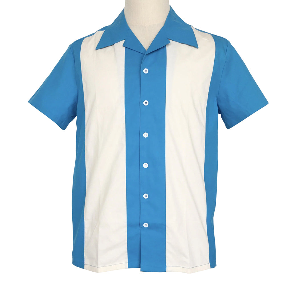 Retro Wide-Striped Men's Cuban Collar Shirt - Short Sleeve Blue & Cream Casual Button-Up