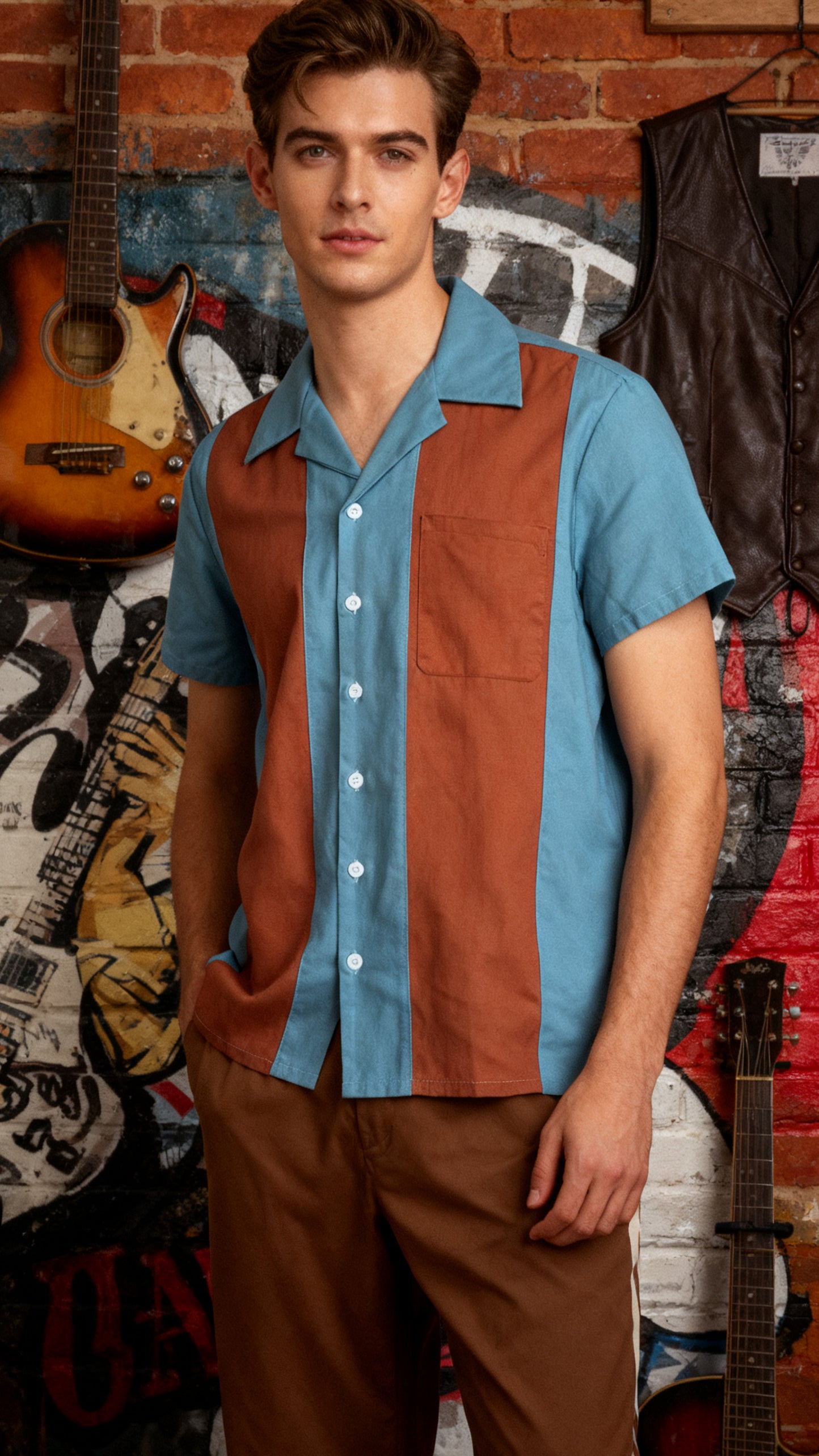 Hot selling plus size men's shirt blue brown patchwork group uniform European and American retro punk workwear factory uniform