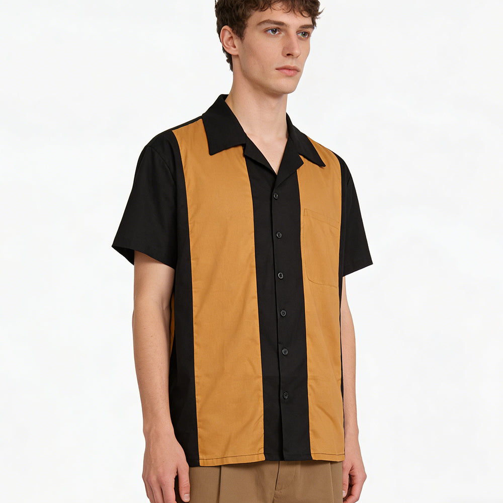 European and American casual men's short sleeved shirt cotton single breasted contrasting splicing