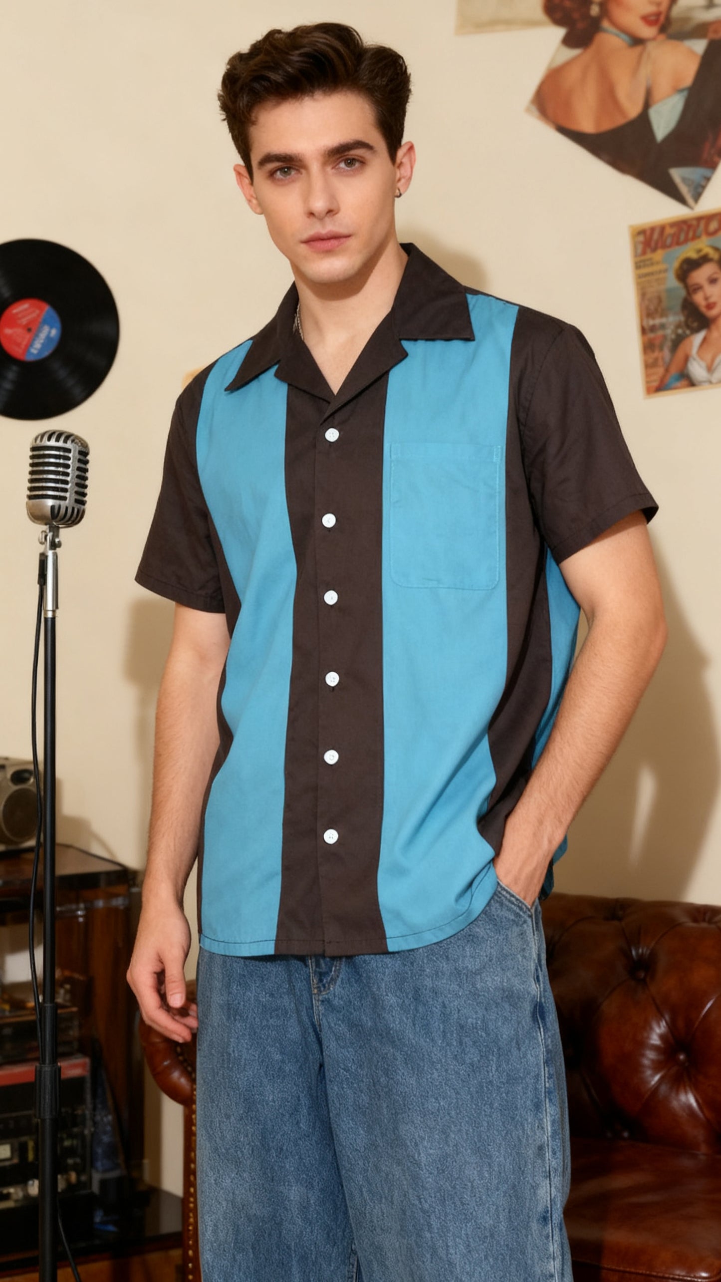 Hot-selling plus-size men's shirt featuring a gray and blue patchwork design, perfect for team uniforms. This European and American retro punk workwear style factory uniform is a must-have.
