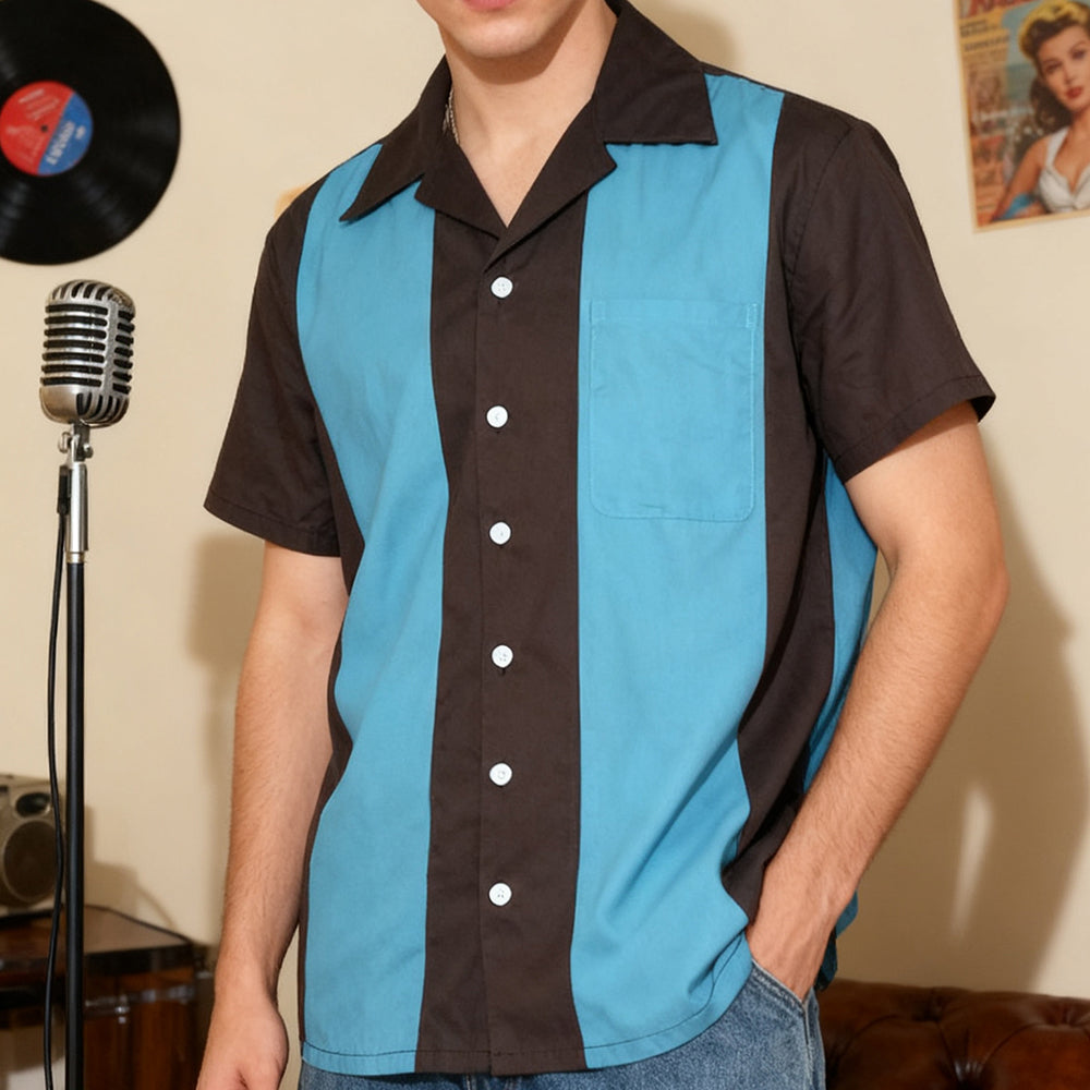 Hot-selling plus-size men's shirt featuring a gray and blue patchwork design, perfect for team uniforms. This European and American retro punk workwear style factory uniform is a must-have.