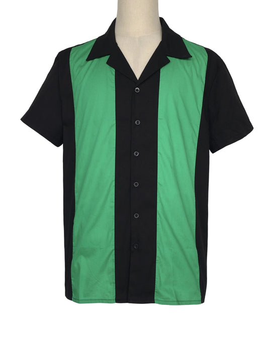 Men's Short - Sleeve Bowling Shirt with Contrast Color Block Design, Casual Button - Down Collar Shirt