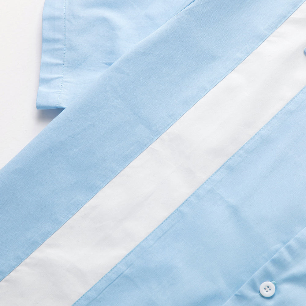 Vintage 1950s Men's Short-Sleeve Shirt - Light Blue with White Stripe, Casual Cuban Collar Top