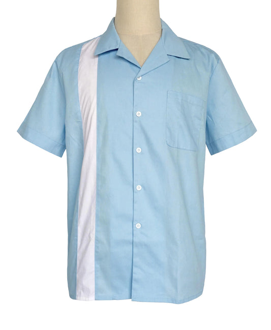 Vintage 1950s Men's Short-Sleeve Shirt - Light Blue with White Stripe, Casual Cuban Collar Top