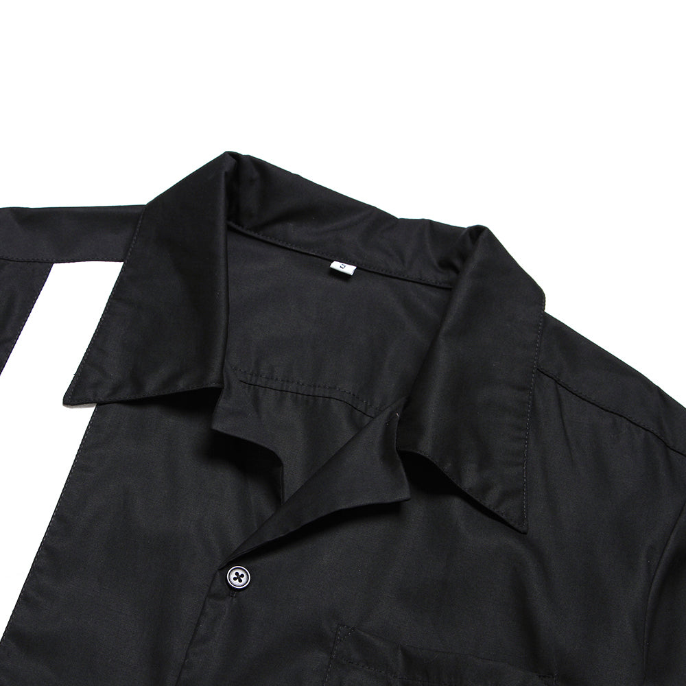 Vintage Route 66 Bowling Shirt - Black with White Stripe, Short Sleeve Camp Collar Button Down