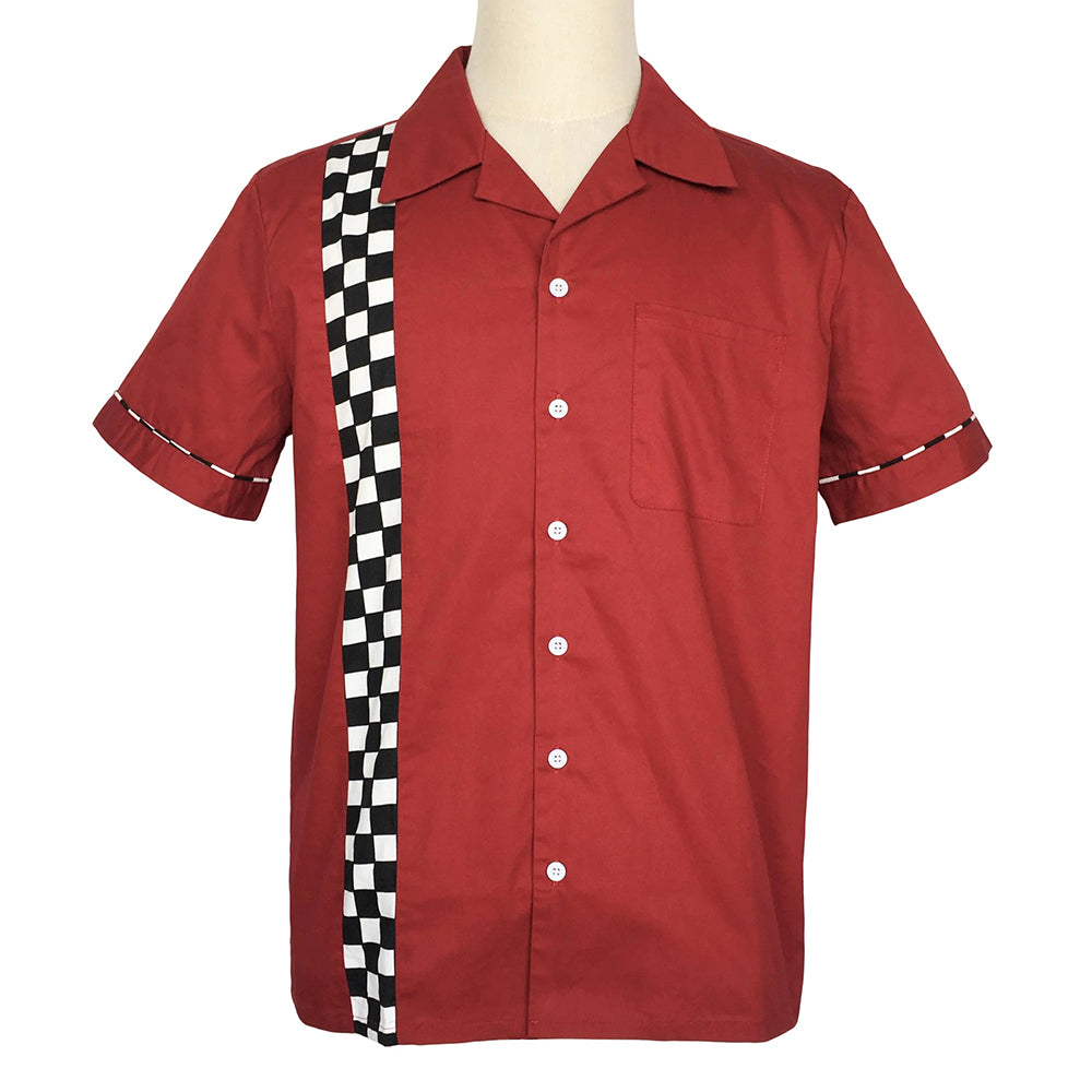 Men's Crimson Checkerboard Cuban Collar Short Sleeve Shirt - Retro American Style