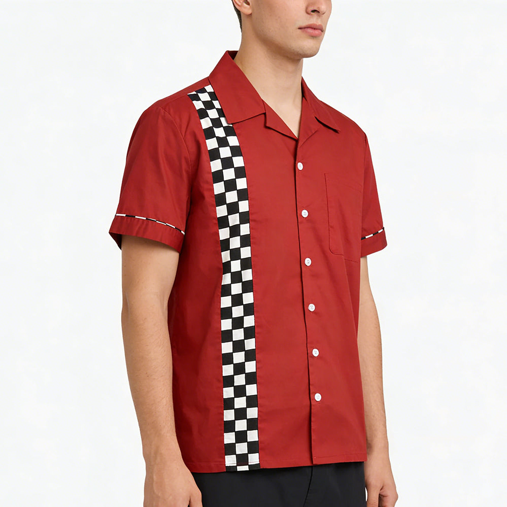 Men's Crimson Checkerboard Cuban Collar Short Sleeve Shirt - Retro American Style