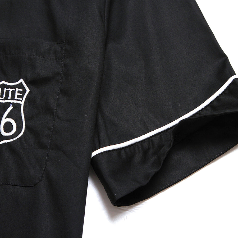 Vintage Route 66 Bowling Shirt - Black with White Stripe, Short Sleeve Camp Collar Button Down