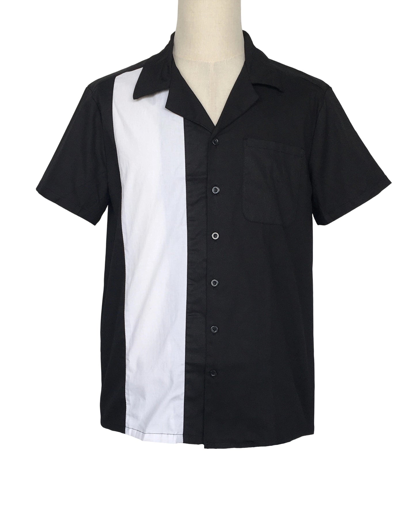 Men's Classic Black & White Panel Bowling Shirt - Retro Short Sleeve Button-Up for Casual & Party Wear