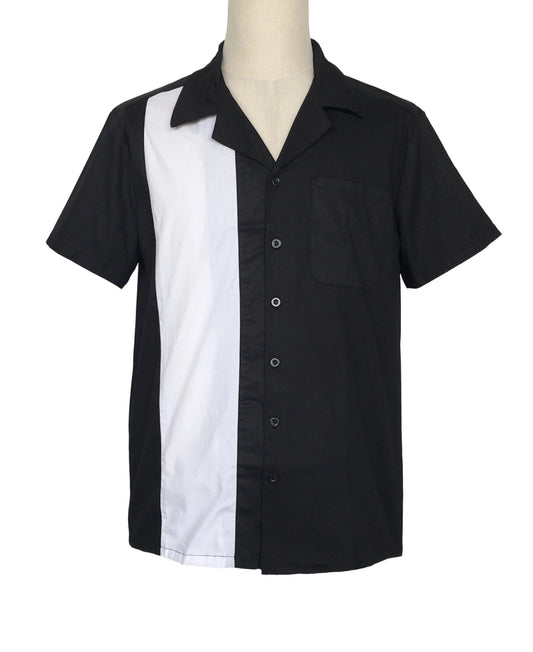 Men's Classic Black & White Panel Bowling Shirt - Retro Short Sleeve Button-Up for Casual & Party Wear