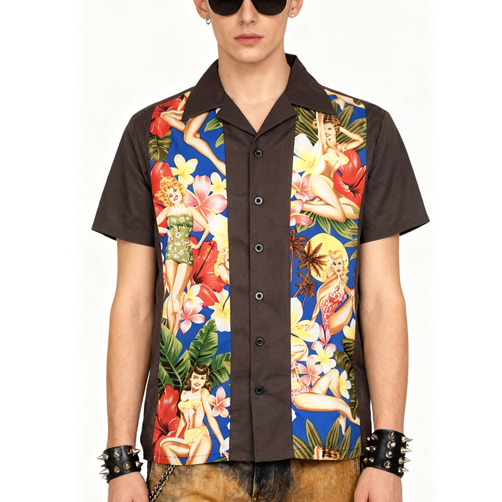 Men's Vintage Pinup & Floral Shirt | Rockabilly Aesthetic, Cuban Collar, Perfect for Retro Enthusiasts