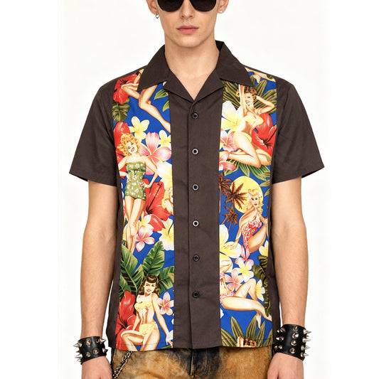 Men's Vintage Pinup & Floral Shirt | Rockabilly Aesthetic, Cuban Collar, Perfect for Retro Enthusiasts