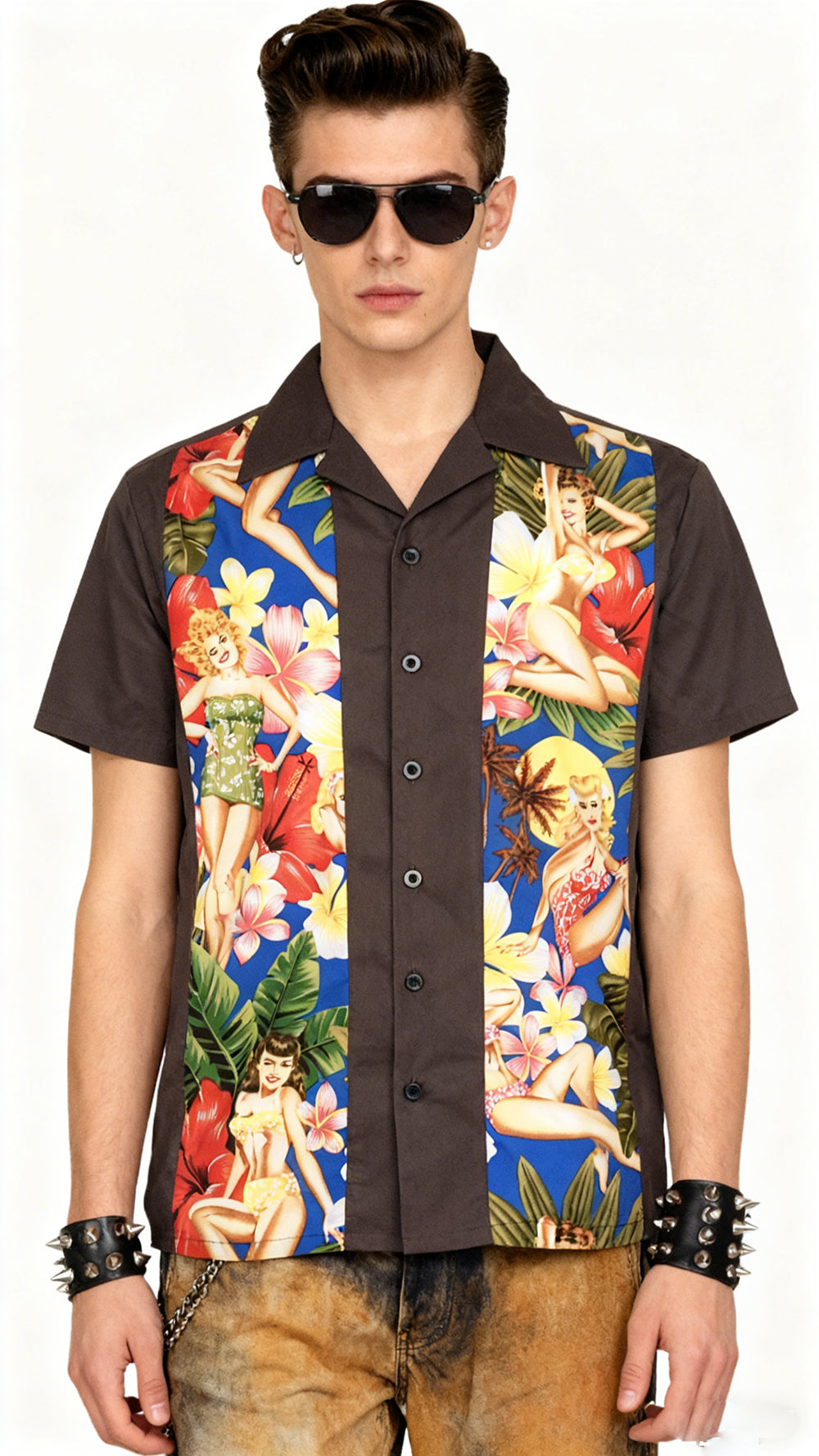 Men's Vintage Pinup & Floral Shirt | Rockabilly Aesthetic, Cuban Collar, Perfect for Retro Enthusiasts