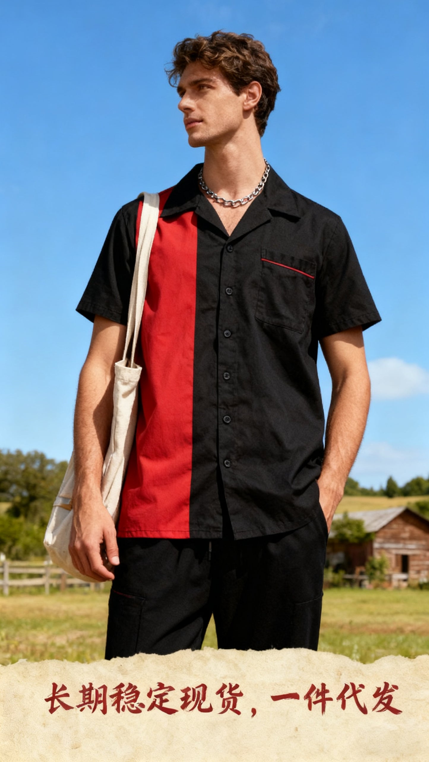 Cotton, European and American men's casual collar button up men's shirt black and red popular splicing men's clothing