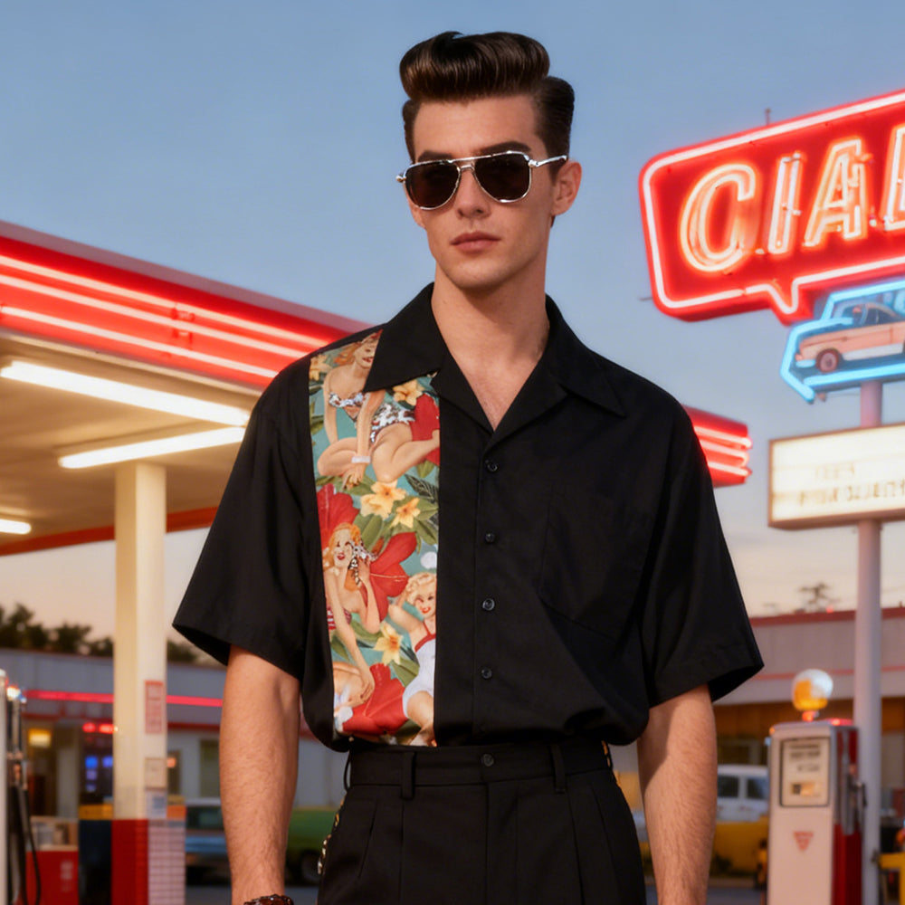 Retro Rockabilly Pinup Beach Girl Patchwork Shirt - Men's Original Design Cotton Casual Summer Shirt