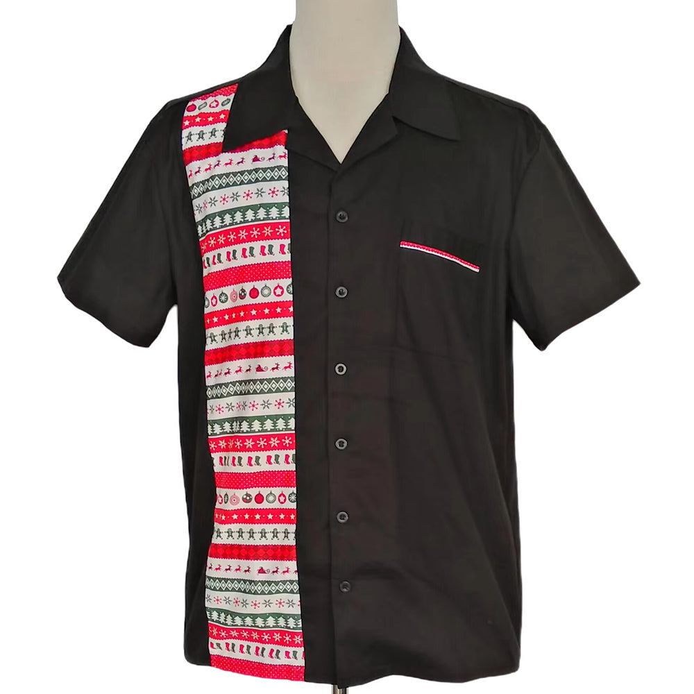 Men's Christmas Camp Collar Short Sleeve Shirt - Retro Holiday Stripe Button Down