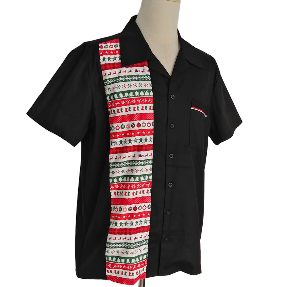 Men's Christmas Camp Collar Short Sleeve Shirt - Retro Holiday Stripe Button Down
