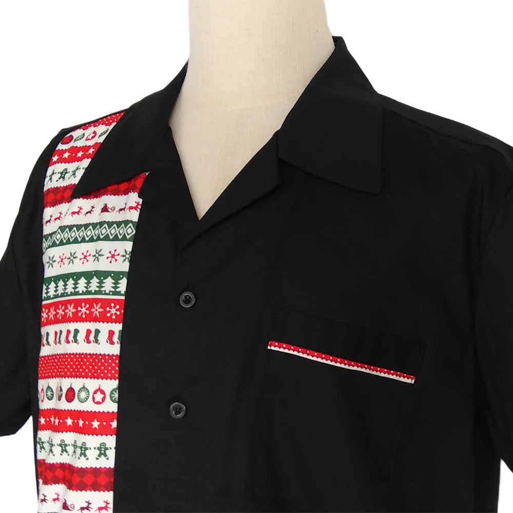 Men's Christmas Camp Collar Short Sleeve Shirt - Retro Holiday Stripe Button Down