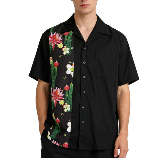 Punk casual lapel cardigan with cactus flower patchwork short sleeved top, men's shirt