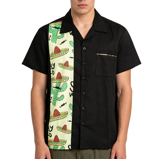 Men's Cotton Cactus Print Short Sleeve Shirt - Stay Wild Graphic Color Block Hawaiian Style Ins Trendy Summer Casual Top