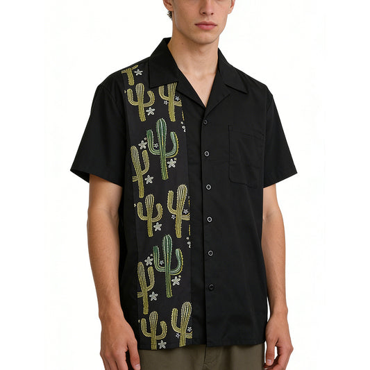 Men's Plus Size Retro Cactus Print Shirt - Summer Casual Short-Sleeve Button-Down Top
