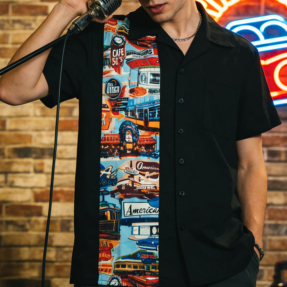 Men's Rockabilly Pinup Shirt - Retro Car Print Color Block Loose Short Sleeve Casual Vintage American Top