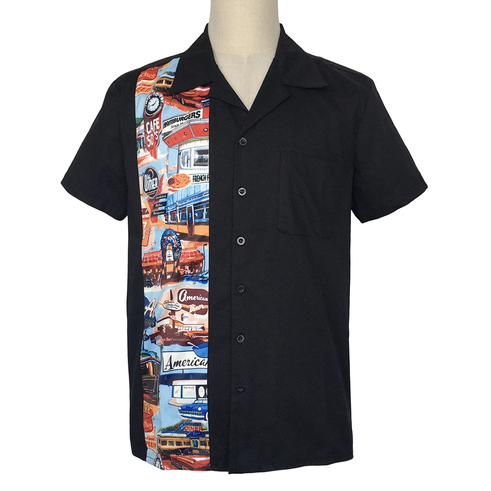 Men's Rockabilly Pinup Shirt - Retro Car Print Color Block Loose Short Sleeve Casual Vintage American Top