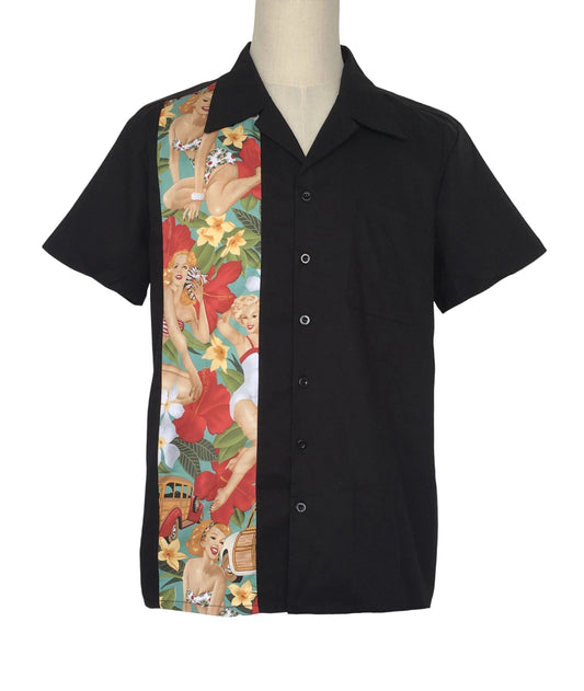 Retro Rockabilly Pinup Beach Girl Patchwork Shirt - Men's Original Design Cotton Casual Summer Shirt